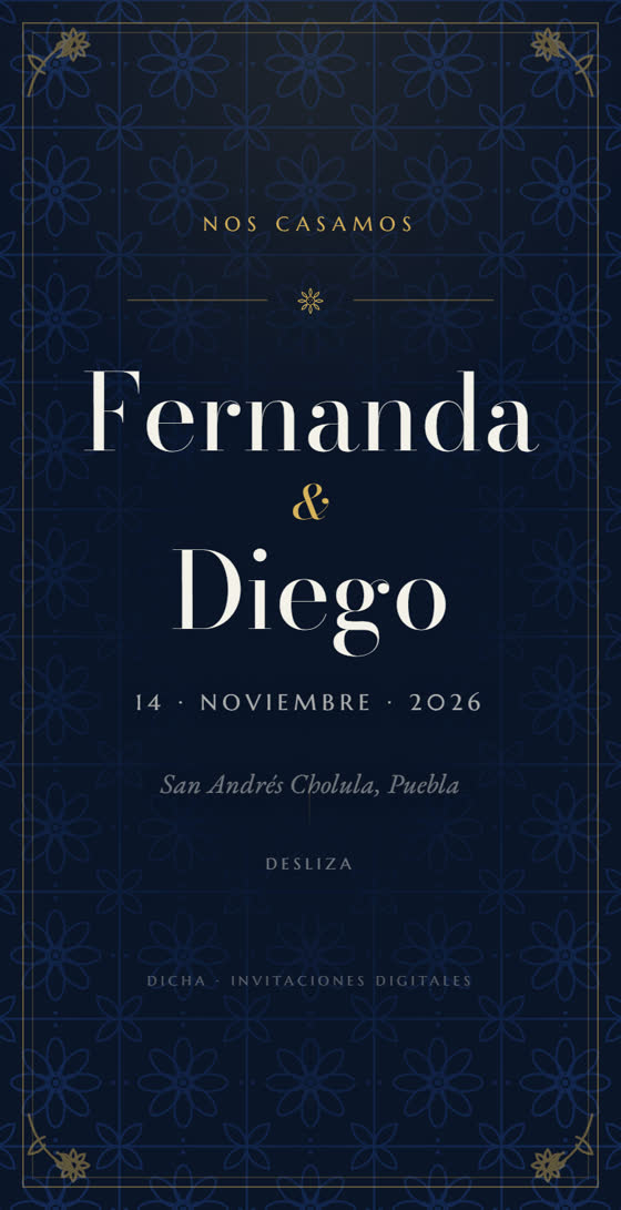 Invitación de boda poblana en azul cobalto con azulejo de talavera, nombres Fernanda y Diego