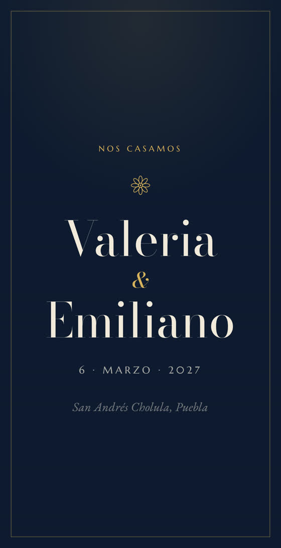 Invitación de boda en azul índigo con los nombres Valeria y Emiliano en letras doradas
