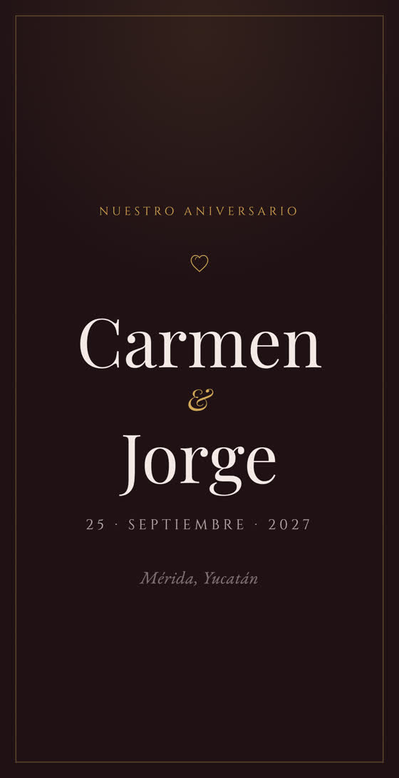 Invitación de aniversario en vino y oro viejo para Carmen y Jorge