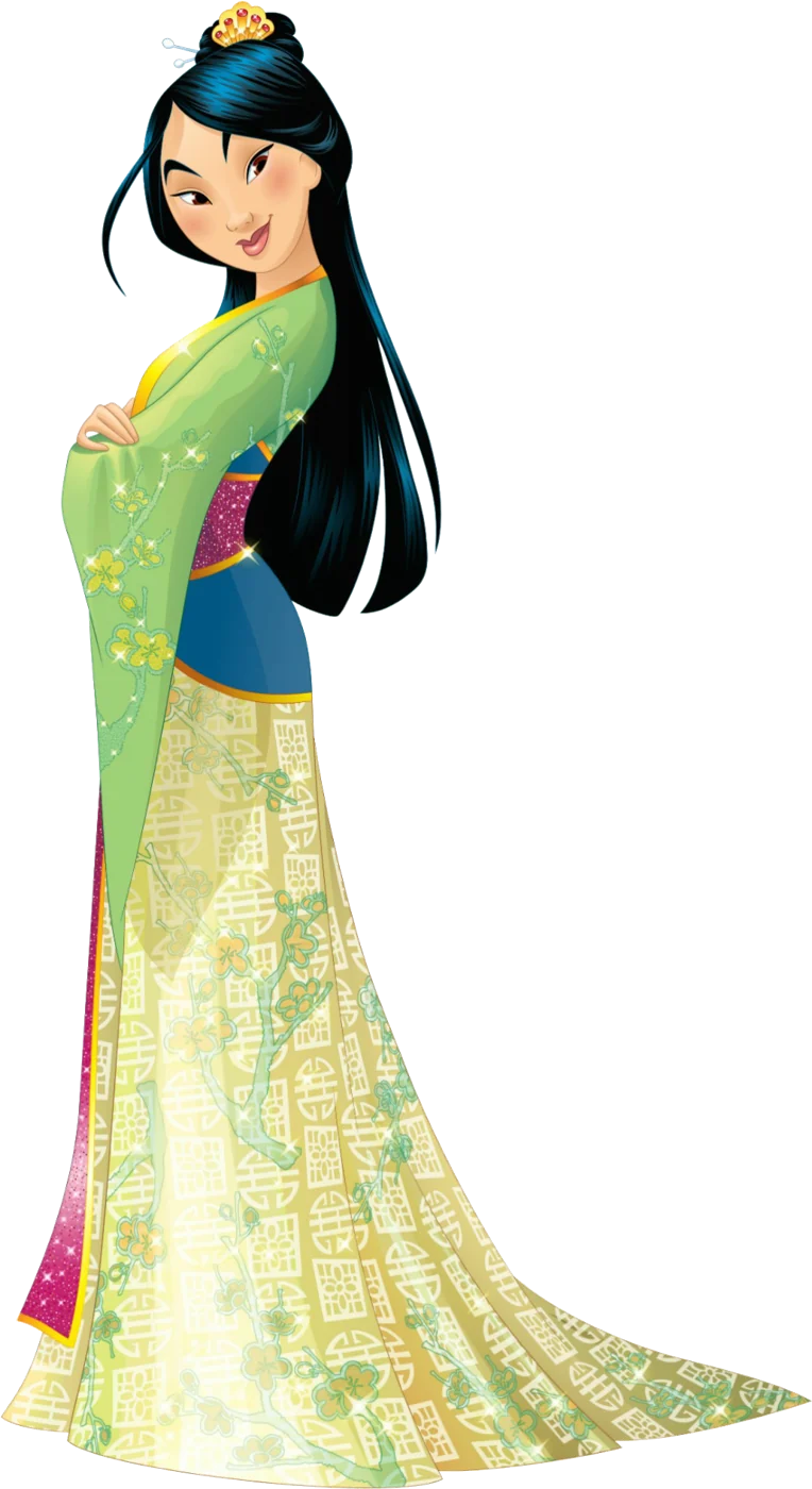 Mulán con vestido de jade y bordados dorados