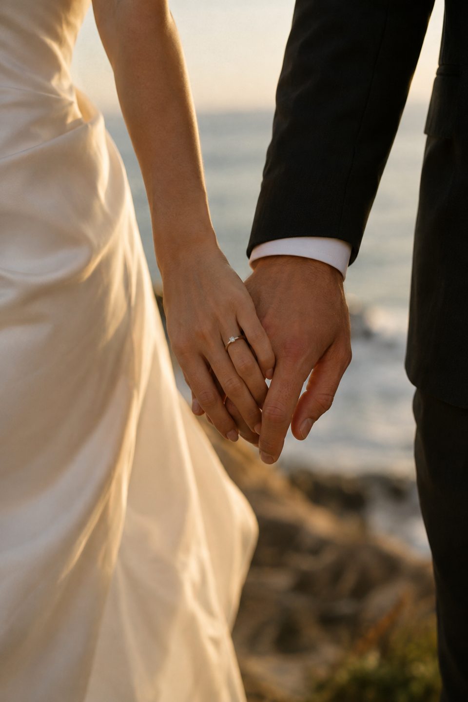 Las manos de los novios entrelazadas y sus anillos de boda